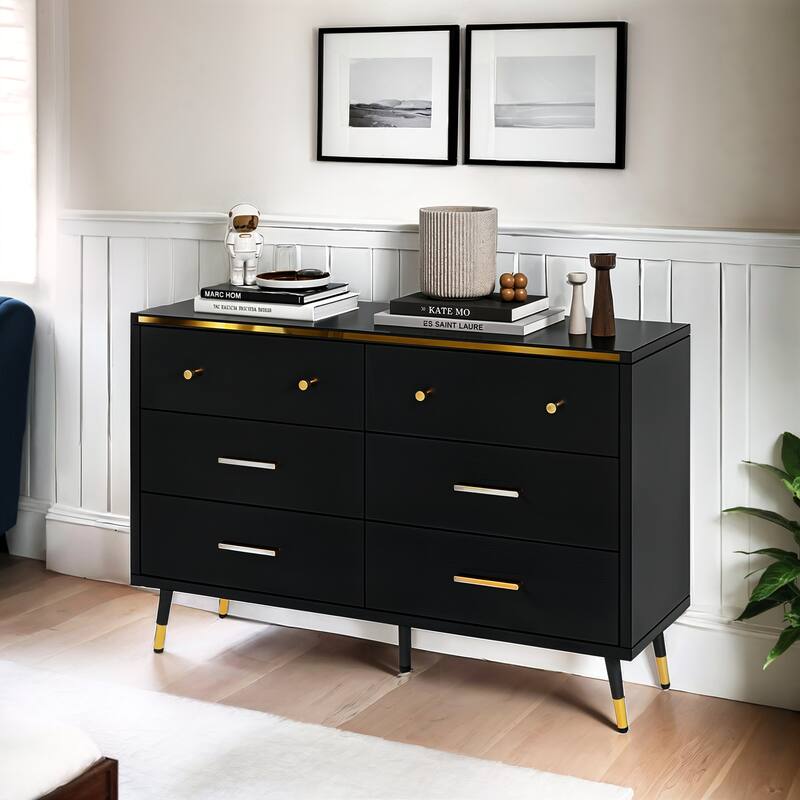 Moasis 47" W 6 Drawers Double Dresser for Bedroom, Chests of drawers - Black - 6-drawer