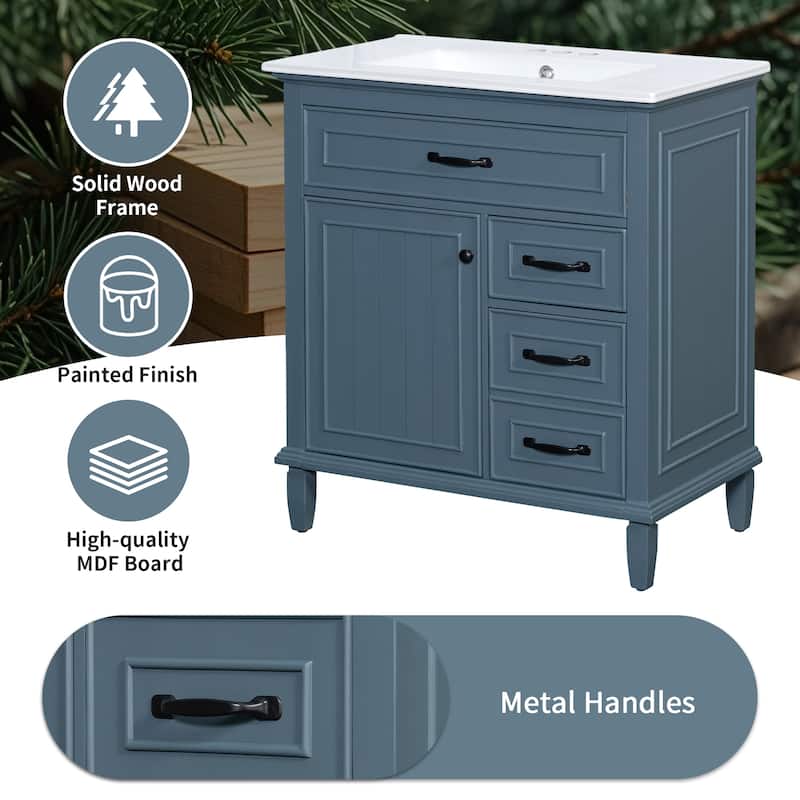 30 Inch Bathroom Vanity with Ceramic Sink Top, Flip Drawers, Freestanding Storage Cabinet (Faucet Not Included)