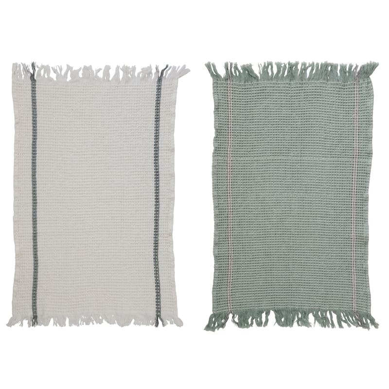 Cotton Waffle Weave Tea Towels with Fringe - 28" x 18" - 28" x 18" - Set of 2 - White and Green