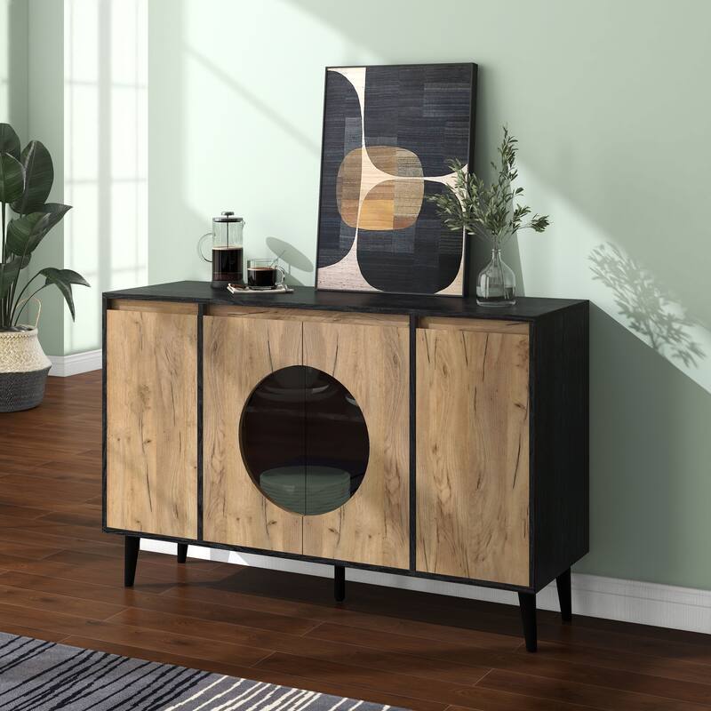 DH Basic Mid-Century Modern Light Oak and Black 6-shelf Buffet by Denhour