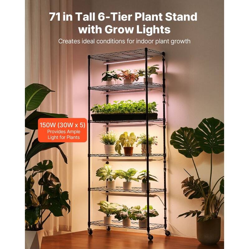 Black Metal 6-Tier Indoor Plant Stand with 5 3-Color LED Grow Lights and Timer - 29.53 x 13.78 x 70.87 in