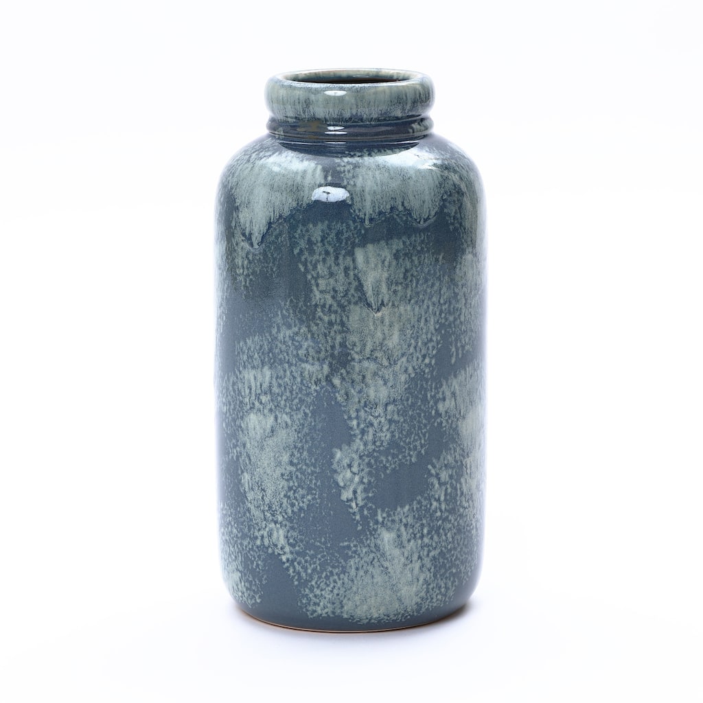 13.8" Terracotta Blue Mottled Round Vase, Mediterranean Ceramic Jar Home Decor