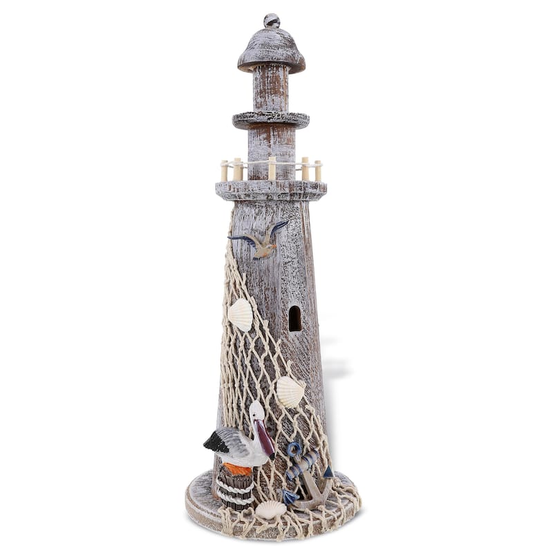 CoTa Global Brown Wooden Lighthouse Decor with Pelican and Fishing Net - 15.75 inches