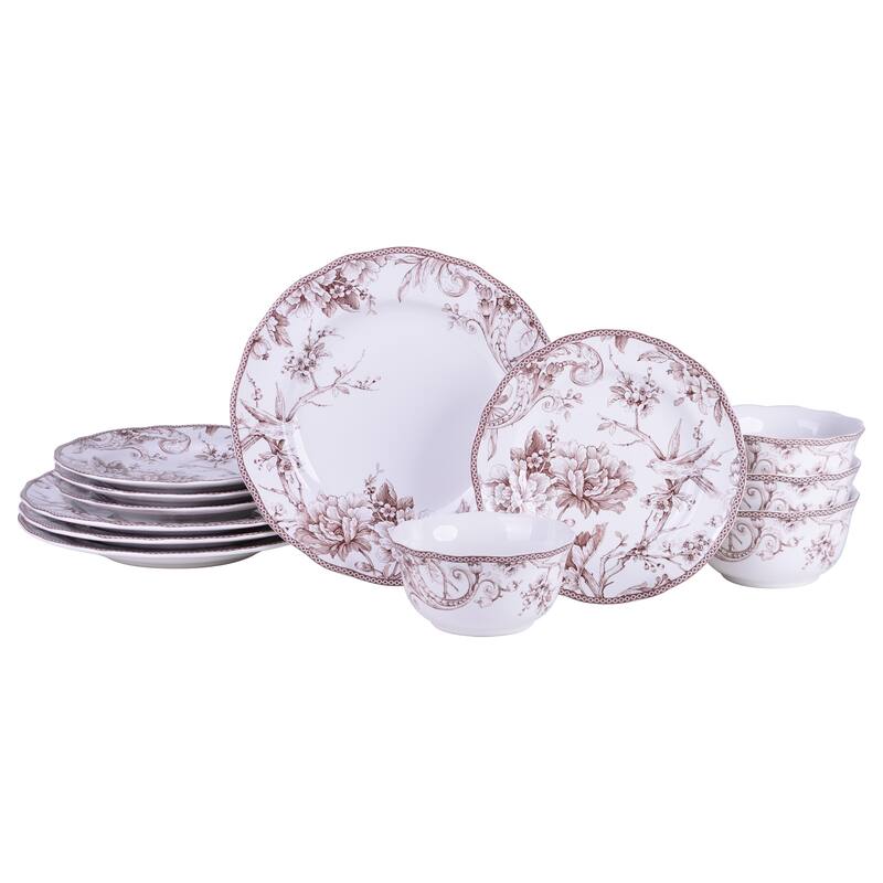 Adelaide Brown on White Porcelain 12 Pc Dinnerware Set - White