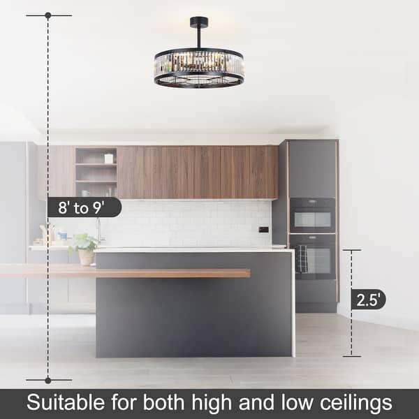 dimension image slide 6 of 8, Caged Ceiling Fan with Light and Remote, 11.8–28 Inch Low Profile Fandelier, 6-Speed Quiet DC Motor, Black/Satin Nickel