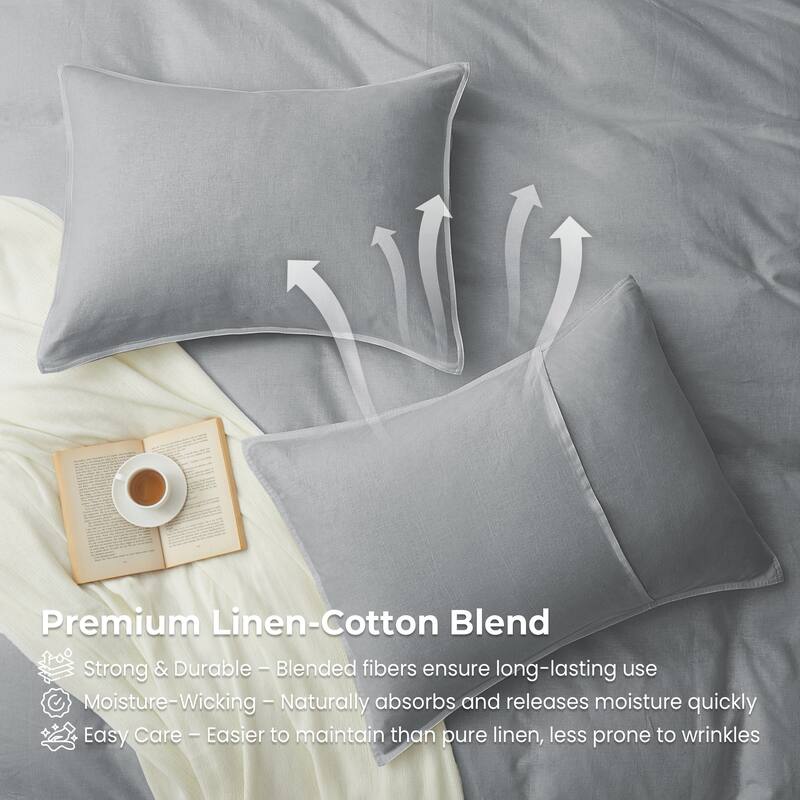 Flax Linen Cotton Blend Duvet Cover Set, Durable, Breathable and Moisture-Wicking, 3 Piece Bedding Set