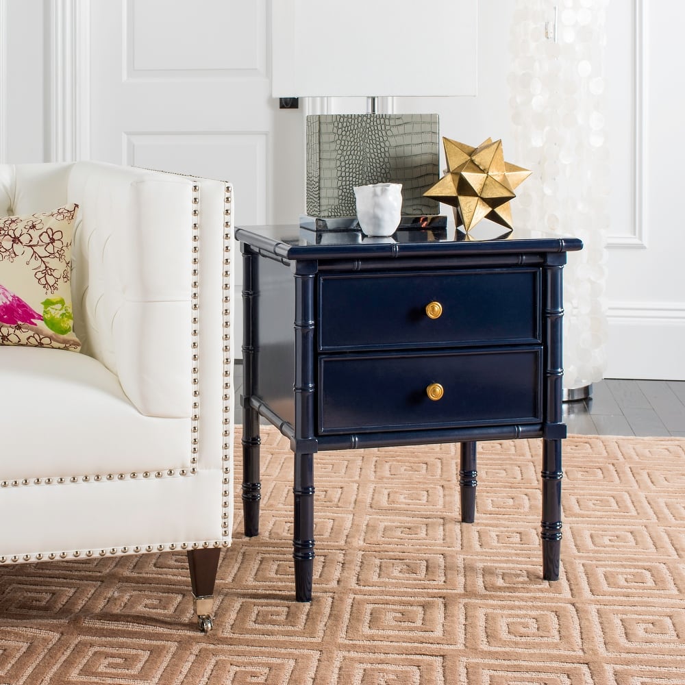 SAFAVIEH Paloma Navy Coastal 2-Drawer Bamboo Nightstand