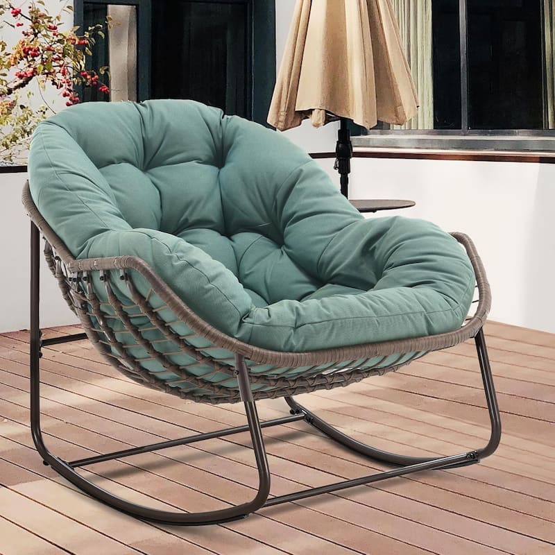 Outdoor Rattan Rocking Chair,Padded Cushion Rocker Recliner Chair Outdoor for Front Porch, Living Room, Patio, Garden
