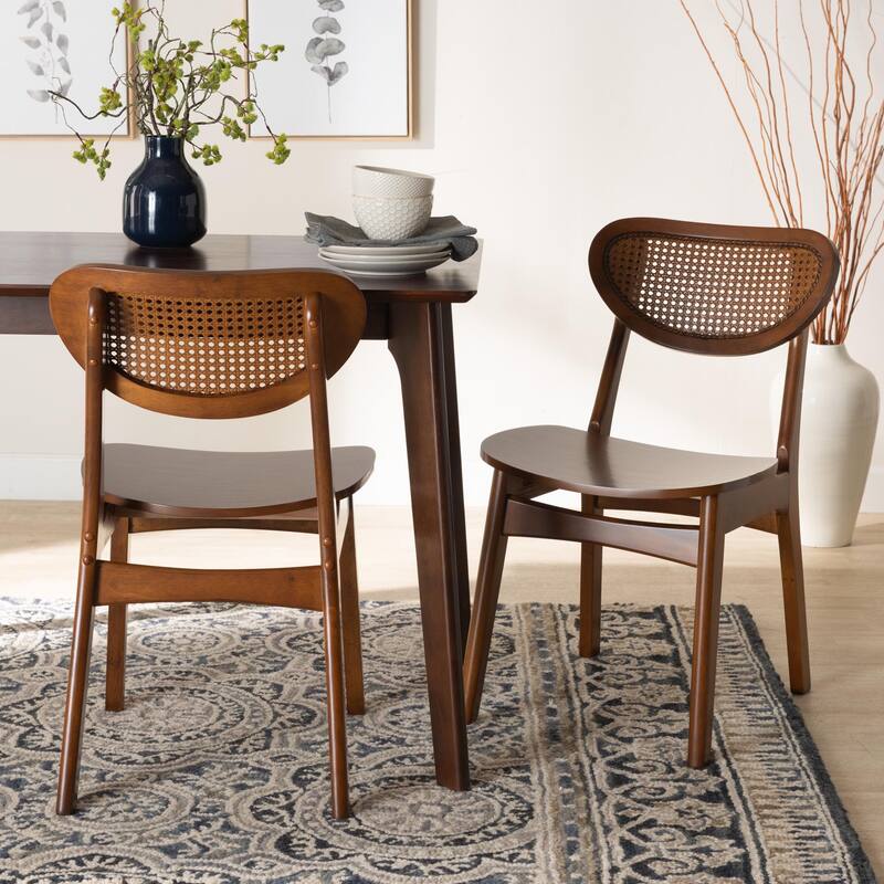 Hesper Mid-Century Modern Wood and Rattan 2-Piece Dining Chair Set