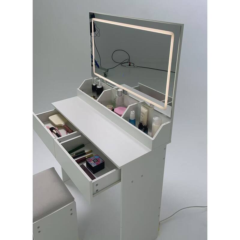 31" x 20" Extra Large LED Mirror Makeup Vanity Table with Stool, Touch Control, Adjustable Brightness & Storage
