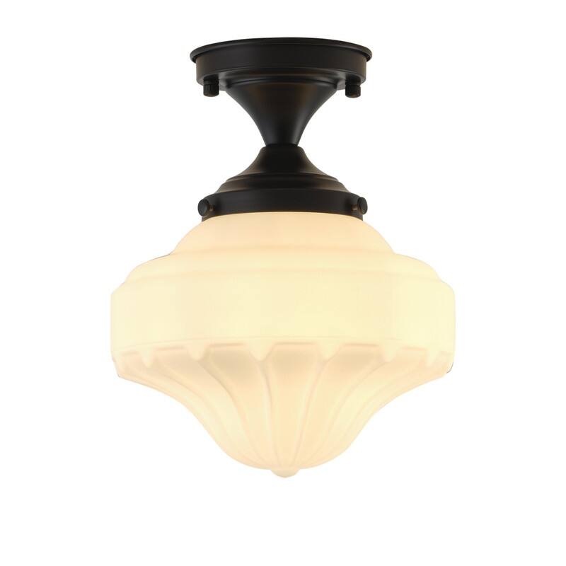 1-Light Matte Black Semi-Flush Mount Ceiling Light with Frosted White Glass Shade