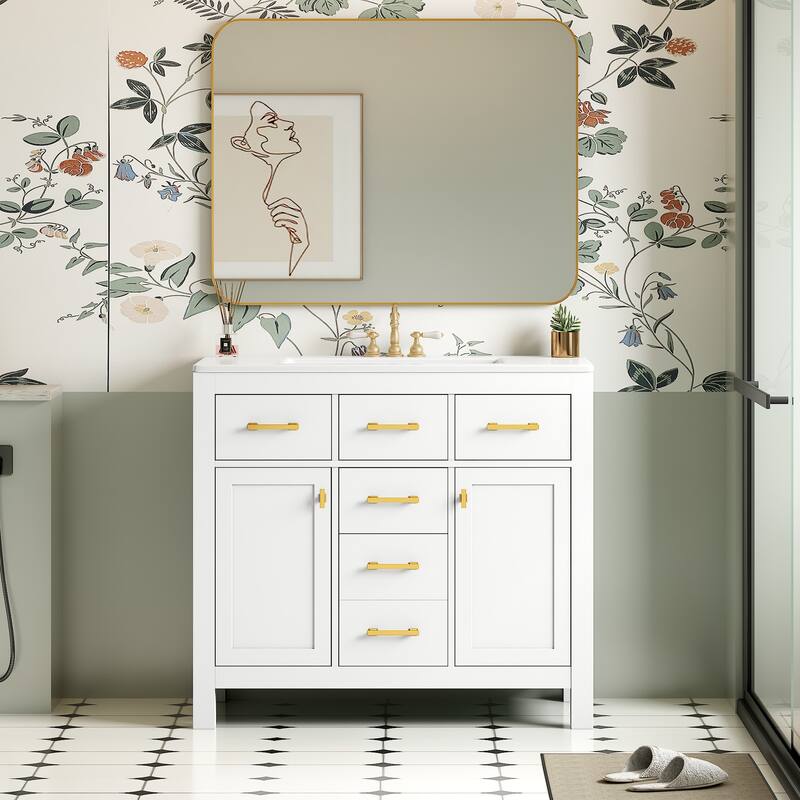 GDFStudio - Norham Modern Bathroom Vanity Set with Ceramic Sink and 4 Storage Drawers & 2 Doors - 36'W - White