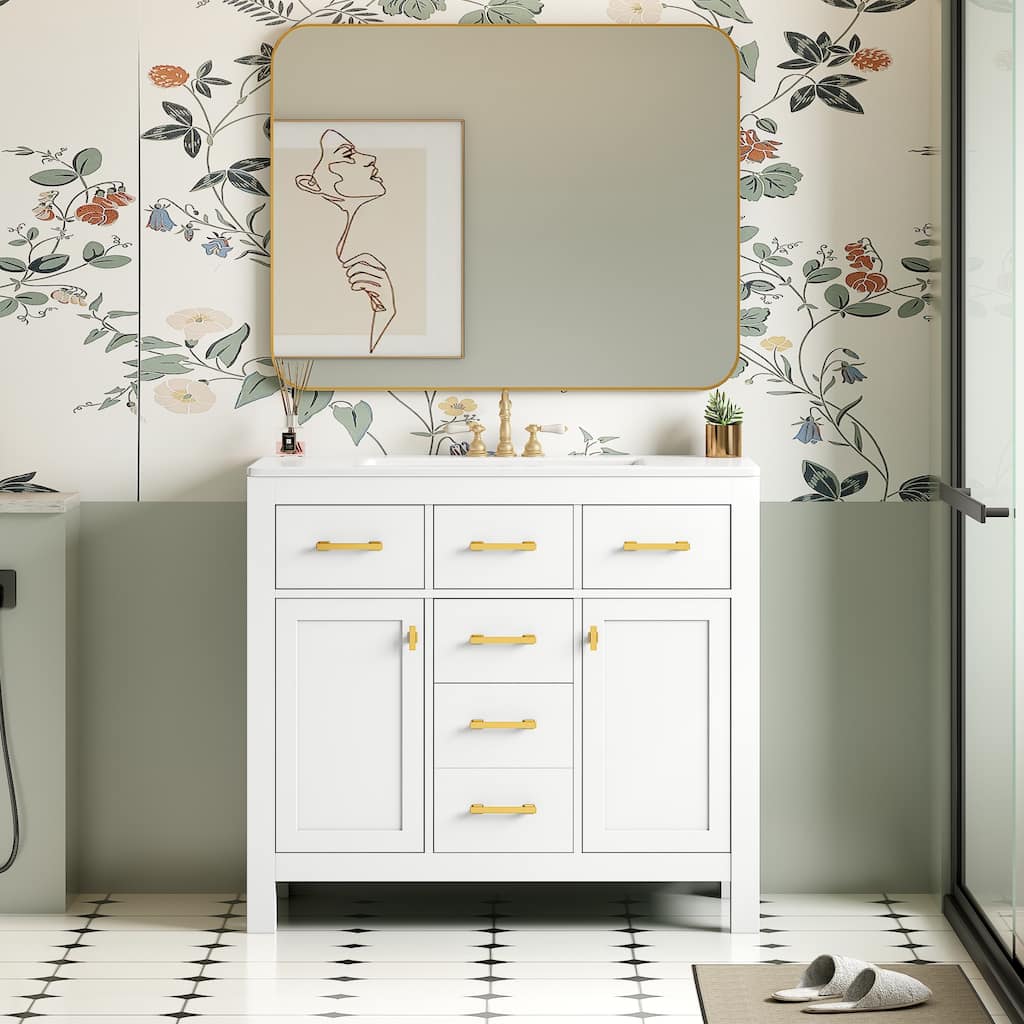 GDFStudio - Norham Modern Bathroom Vanity Set with Ceramic Sink and 4 Storage Drawers & 2 Doors - 36'W