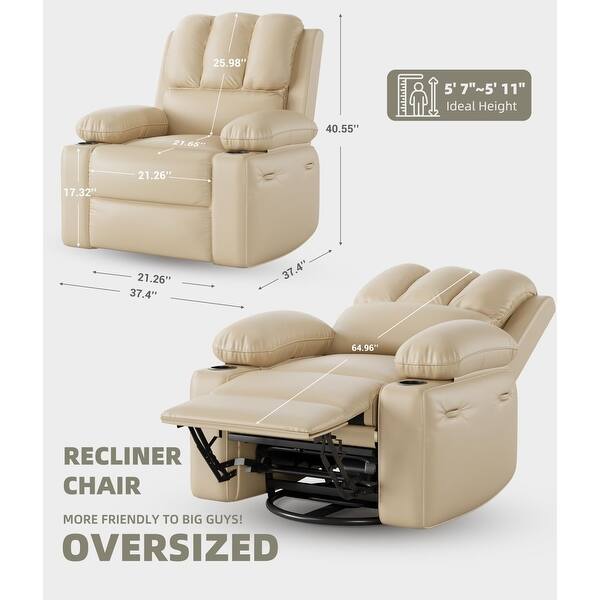 dimension image slide 0 of 5, 37.4" Oversized Manual Recliner with Heat and Massage, 360 Swivel Rocking Chair 21.3" Seat with Cup Holder