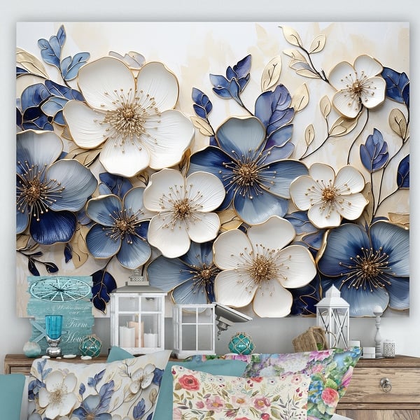 slide 2 of 6, Designart "Blue And Gold Minimalism Violets " Flowers Wall Art Canvas Print