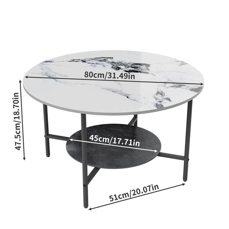 Round Coffee Table 31.5" Coffee Tables for Living Room High Glossy Faux Marble Cocktail Table with Storage Open Shelf