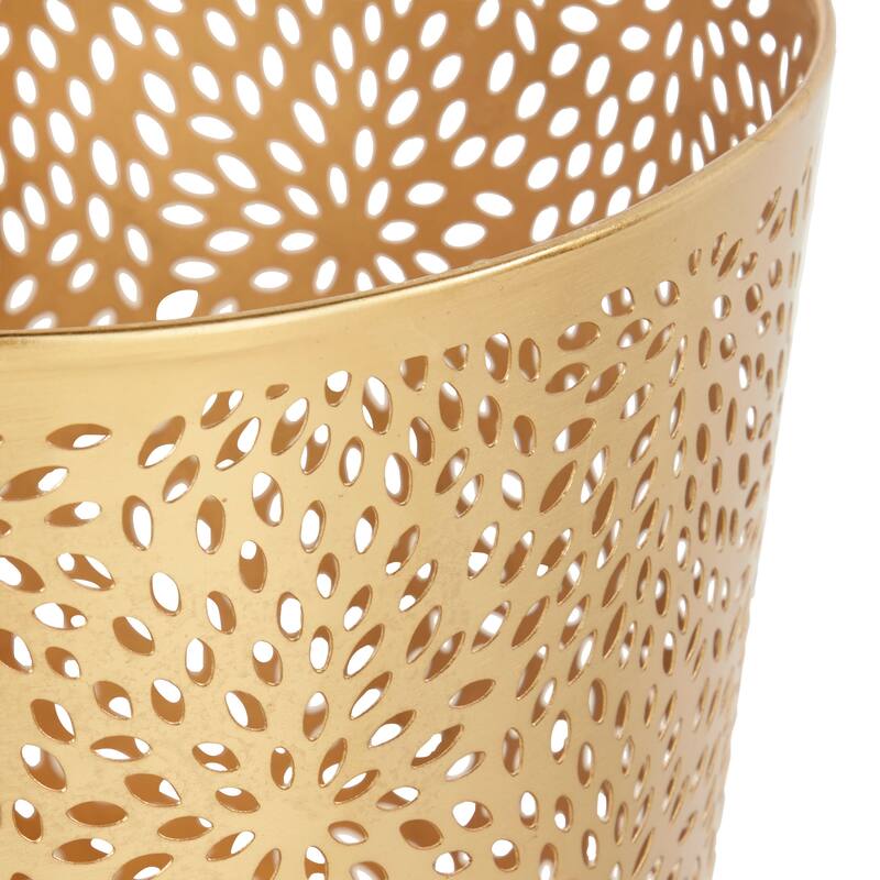 CosmoLiving by Cosmopolitan Gold Metal Small Waste Bin with Laser Carved Floral Design - 9 x 9 x 10