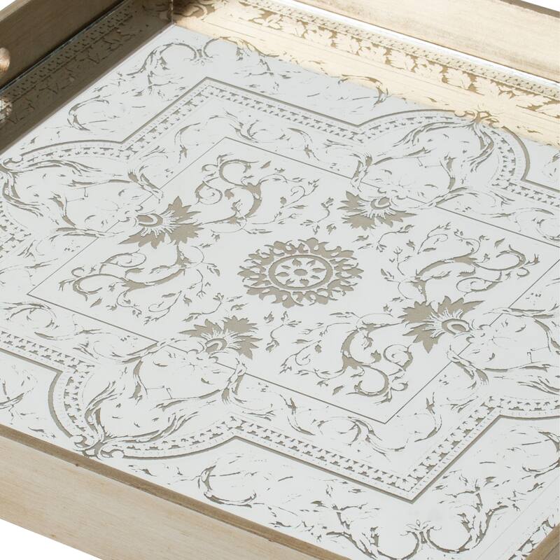 Miki 20 Inch Square Decorative Tray, Artisan Mirrored Floral Pattern, Gold