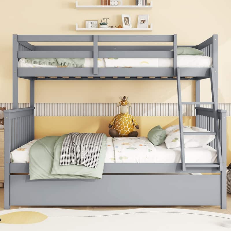 Convertible Twin Over Full Bunk Bed with Trundle, Detachable Ladder and Guardrail, Grey - Grey