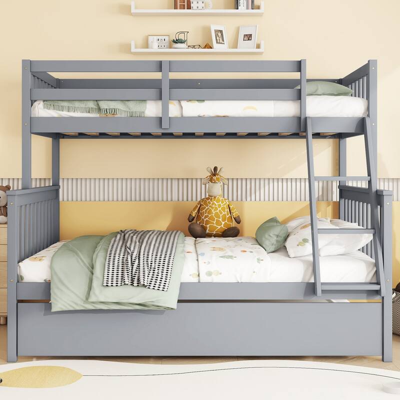 Twin Over Full Size Rubber Wood Bunk Bed with Trundle Bed, Detachable Convertible Bed Frame, Reversible Ladder and Guardrail