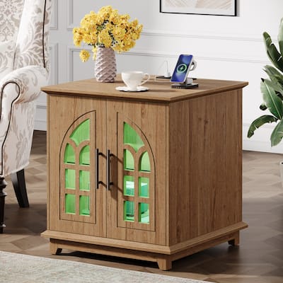 Farmhouse End Side Table with Charging Station & LED Light