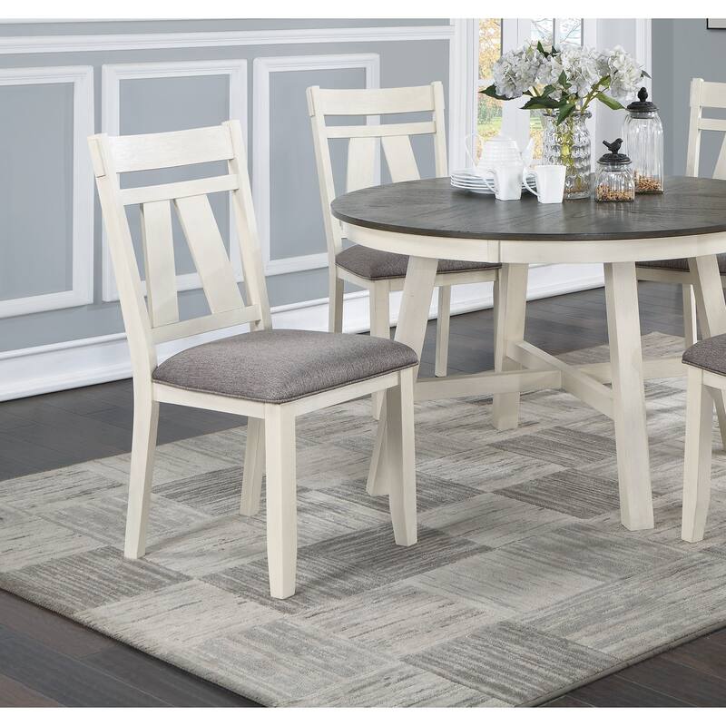 Dining Room Furniture 5pc Dining Set Round Table And 4x Side Chairs Gray Fabric Cushion Seat White Clean Lines Wooden Ta - White