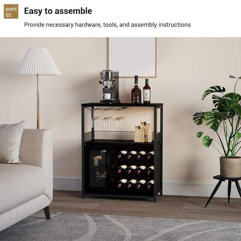 3-Tier Wine Bar Cabinet with Storage, Wine Rack & Glass Holder, Small Liquor Cabinet for Home, Black Corner Storage with Shelves
