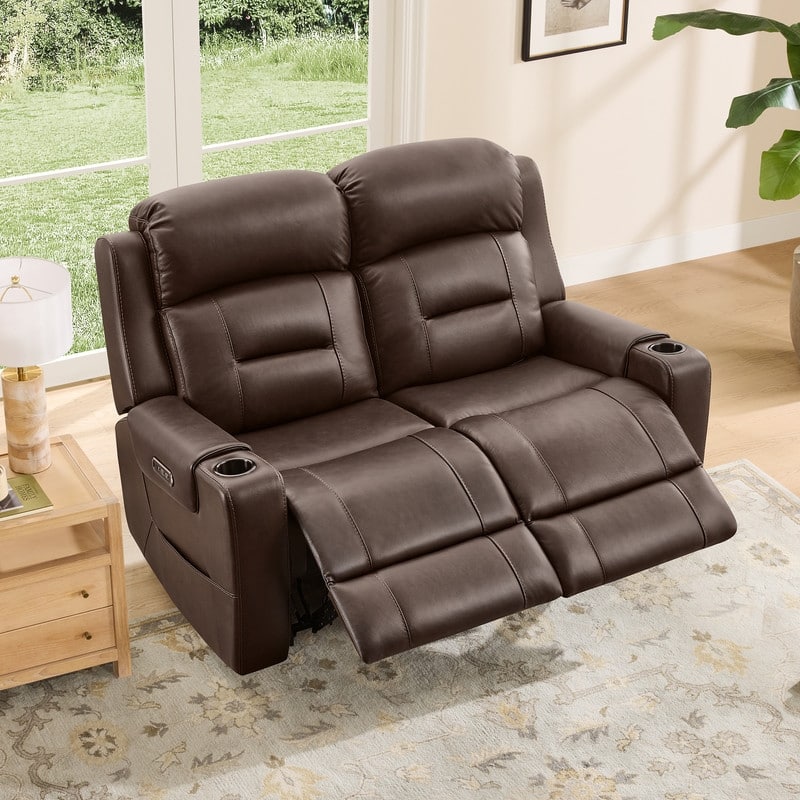 Spruce & Spring Genuine Leather Power Reclining Sofa with Wireless Charging - 2PC - Brown