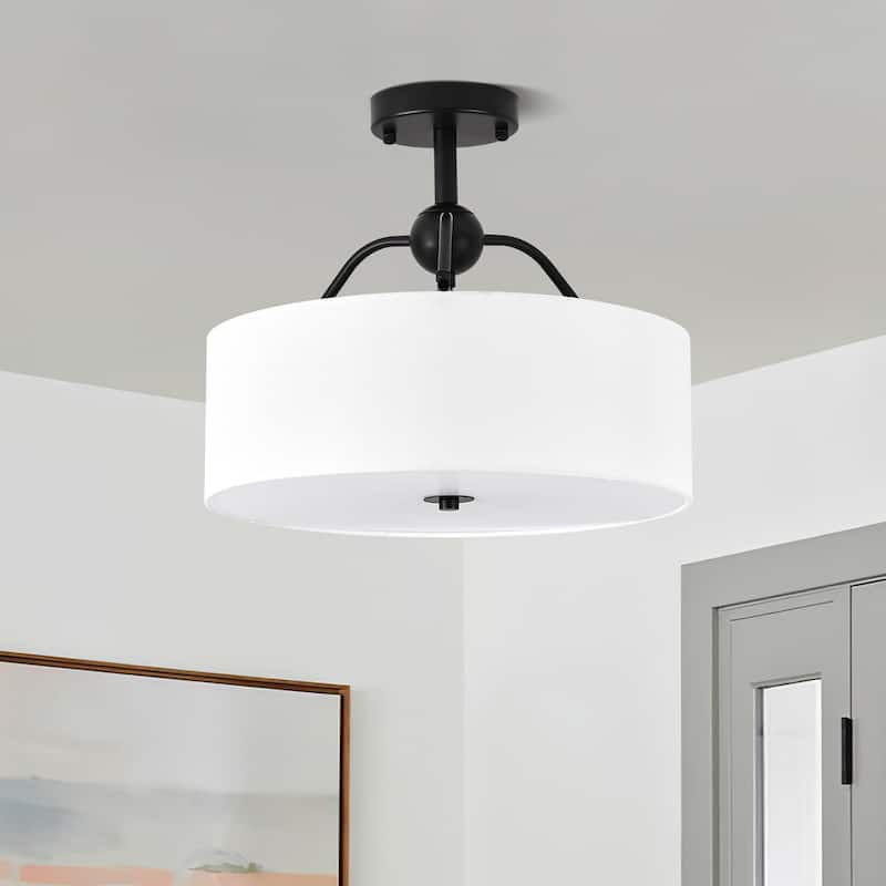 3-Light Modern Fabric Drum - Shaped Semi Flush Mount Ceiling Light - Matte Black - Matte Black