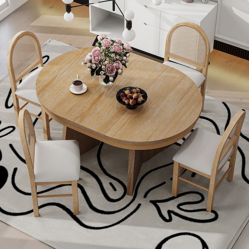 5-Piece Retro Rattan-Back Extendable Round Dining Set with Upholstered Linen Seats by Harper&Bright Designs