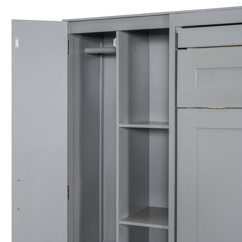 Queen Size Wall Bed with Shelves, Wardrobe, and LED Lights, Space-Saving Design