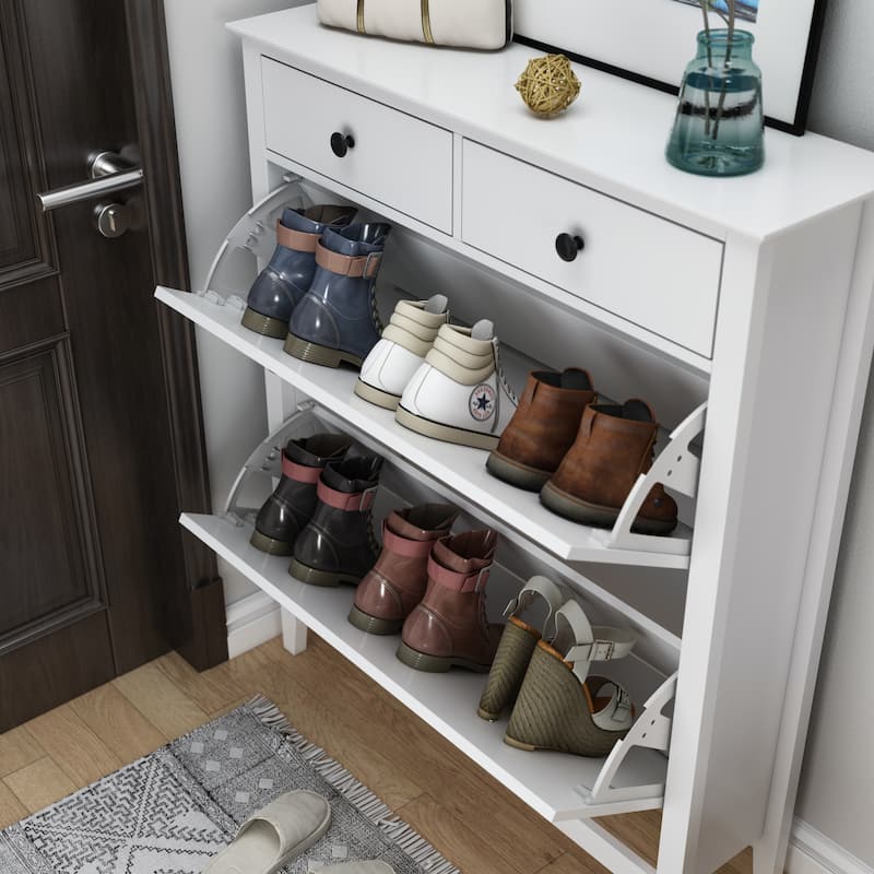 Timechee 34"W x 9"D Shoe Storage Cabinet Fold Out Drawer Space Saving