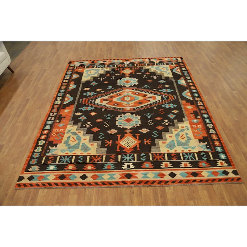 Hand Woven Oriental 100% Wool Carpet Southwestern Tribal Black Kilim Area Rug - 9' 8'' X 8' 1''