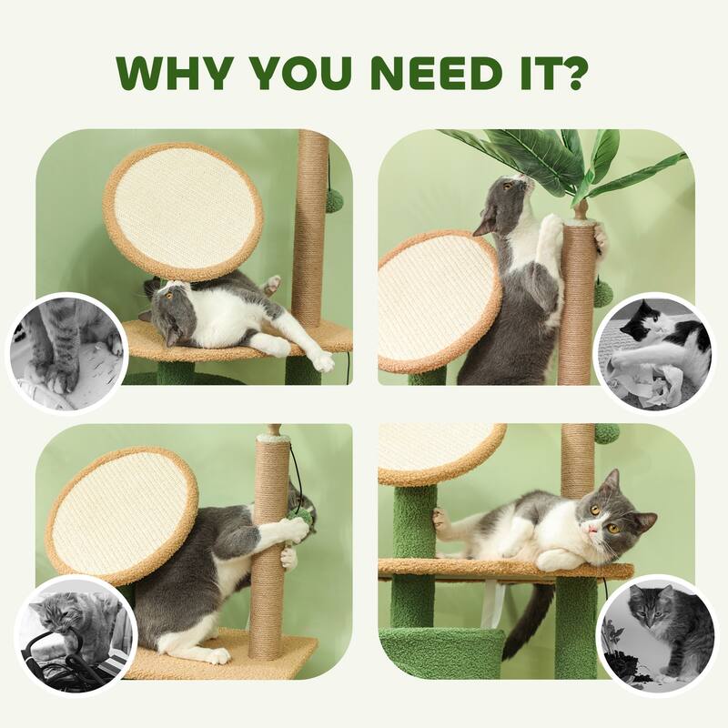 PawHut Cat Tree for Large Adult Indoor Cat with Green Leaves, 55 Inch Cat Tower with Cat Scratching Posts, Cat Condo, Green
