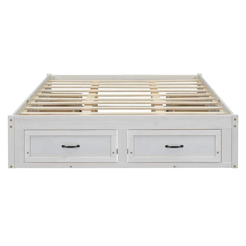Queen Size Platform Bed Frame with 6 Built-In Storage Drawers, No Headboard, Low Profile Design in Antique