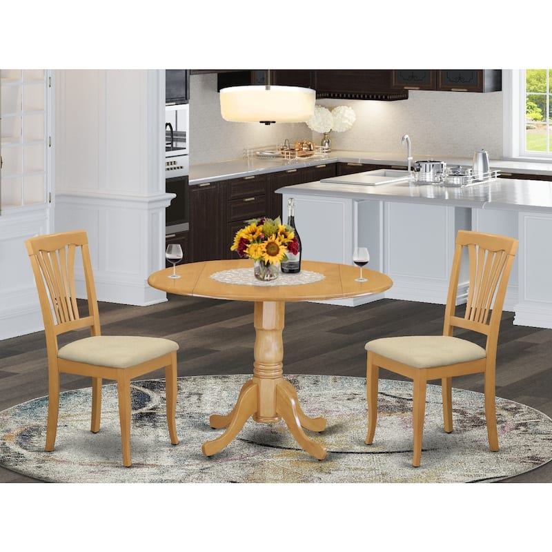 Dining Table Set with 2 Chairs, Round Dropleaf Kitchen Table, Solid Rubberwood, Saddle Brown Finish, 42x42 Inch