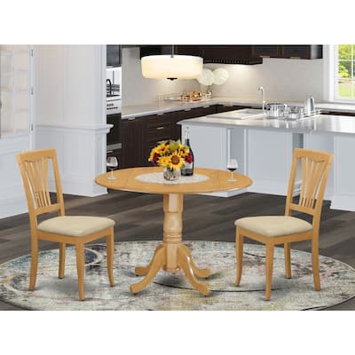 Dining Table Set with 2 Chairs, Round Dropleaf Kitchen Table, Solid Rubberwood, Saddle Brown Finish, 42x42 Inch