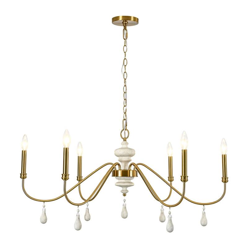 Mid-Century Aged Brass 6-Light Wide Candle Style Chandelier 38in