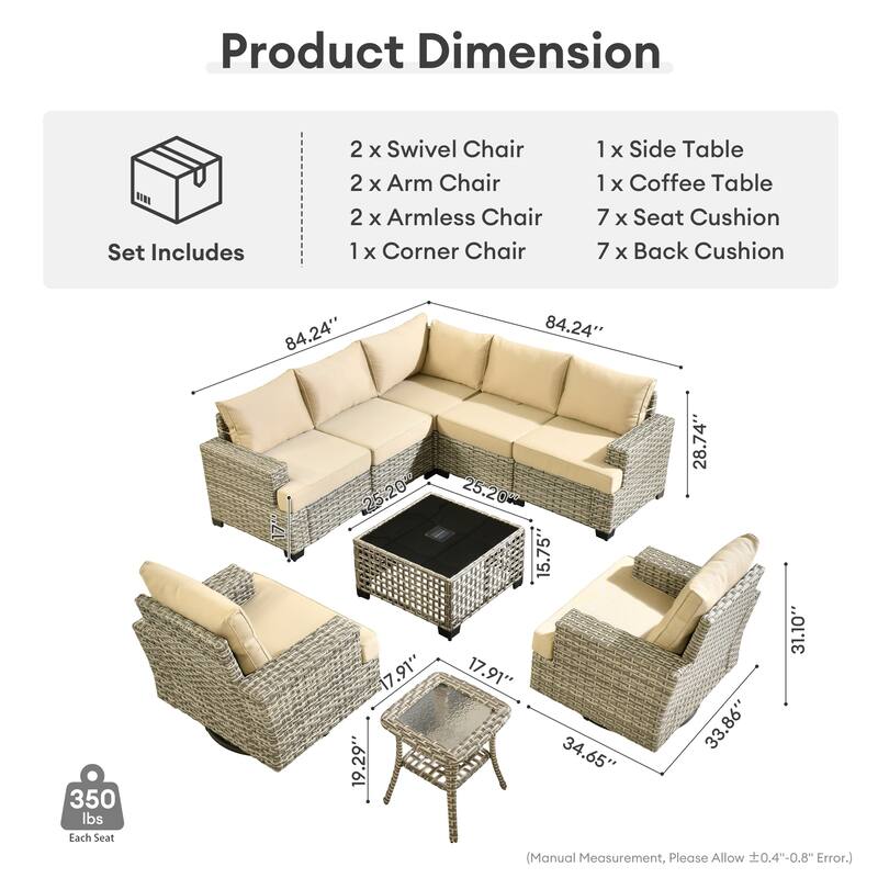 HOOOWOOO 9-piece Patio Wicker Sofa Swivel Chair Sectional Set