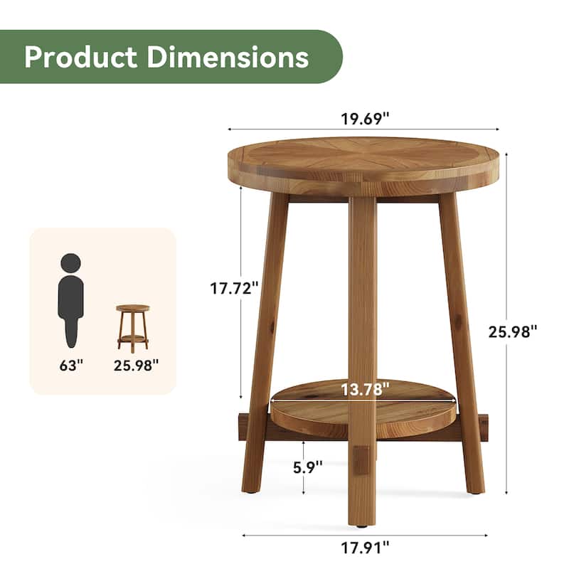 Solid Wood Side Table, Round End Tables with 2-tier Storage - 19.69" D x 19.69" W x 25.98" H