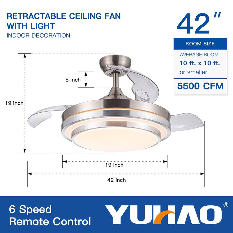 42" 48'' Smart Retractable White Ceiling Fan Light with Remote and APP Control