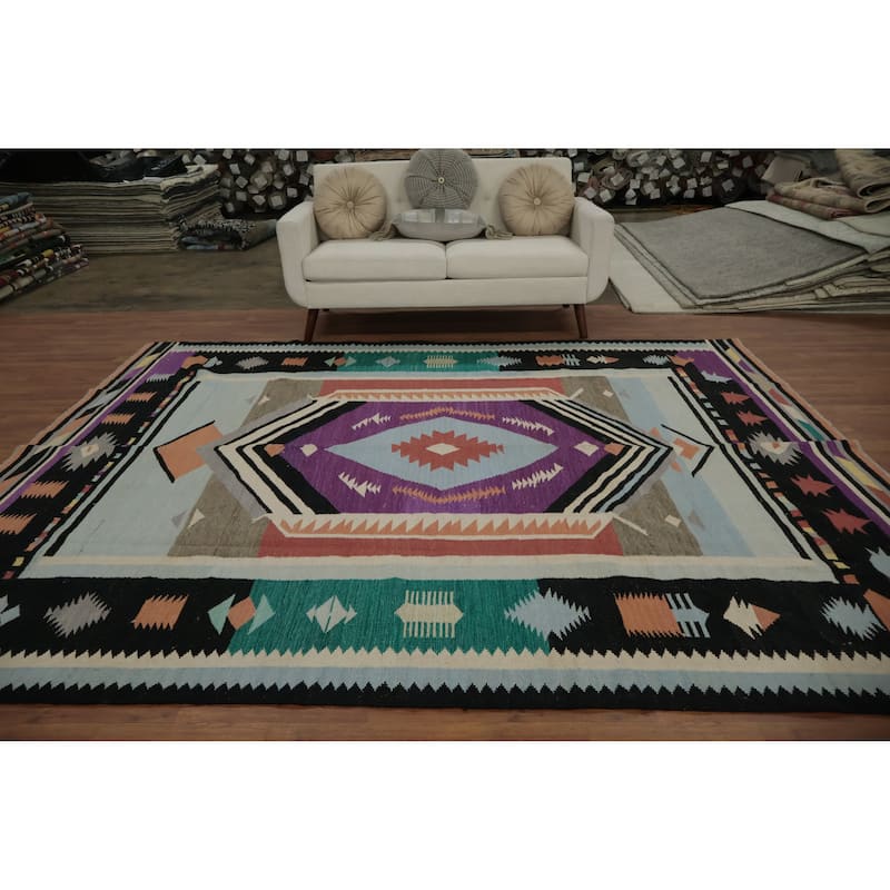 Hand Woven Oriental 100% Wool Carpet Southwestern Tribal Purples Kilim Area Rug - 9' 11'' X 8' 3''