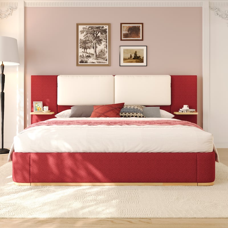 Upholstered Platform Bed with Panel, Soft Rounded Corners - Red - King