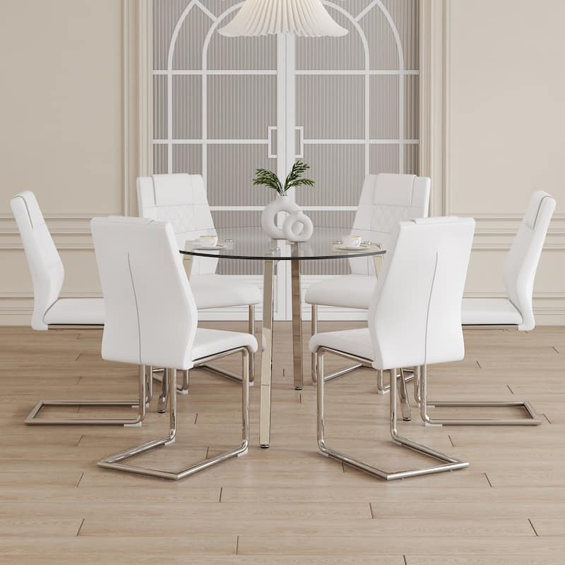 7-Piece Dining Table Set for 6, Round Glass Dining Table Set with 6 Faux Leather Chair for Family Dining Areas