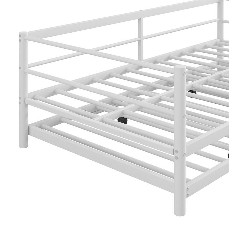 Twin Size Metal Daybed with LED and Adjustable Trundle, Pop Up Trundle, White