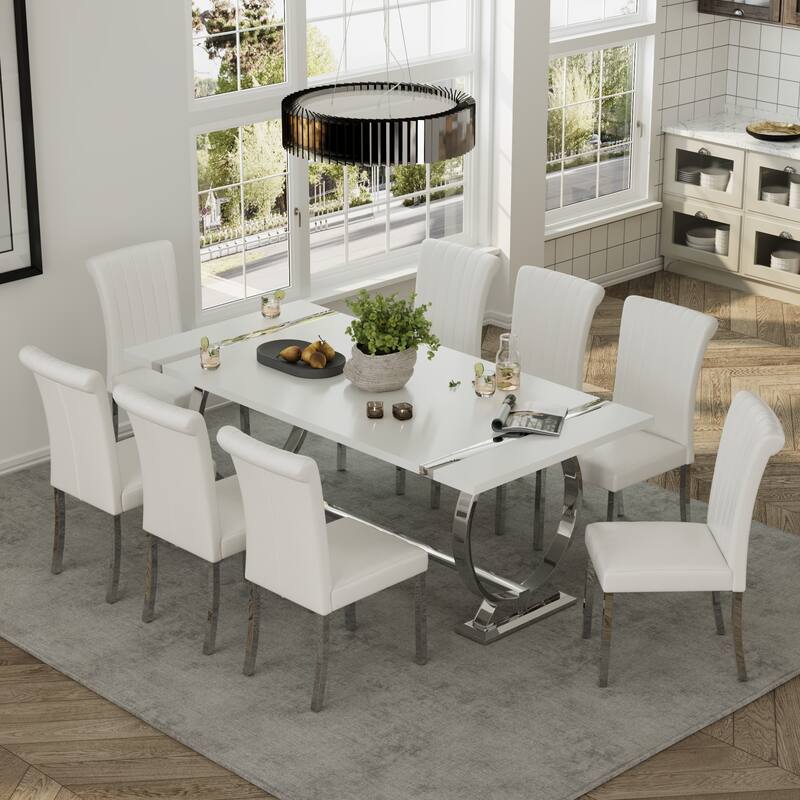Luxury Dining Table Set with PU Leather Dining Chairs - White and Silver - Table with 8 Chairs