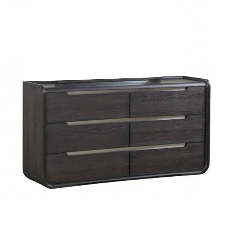 Osko 6 Drawer Wide Dresser, Black Solid Wood with Stainless Steel Trim