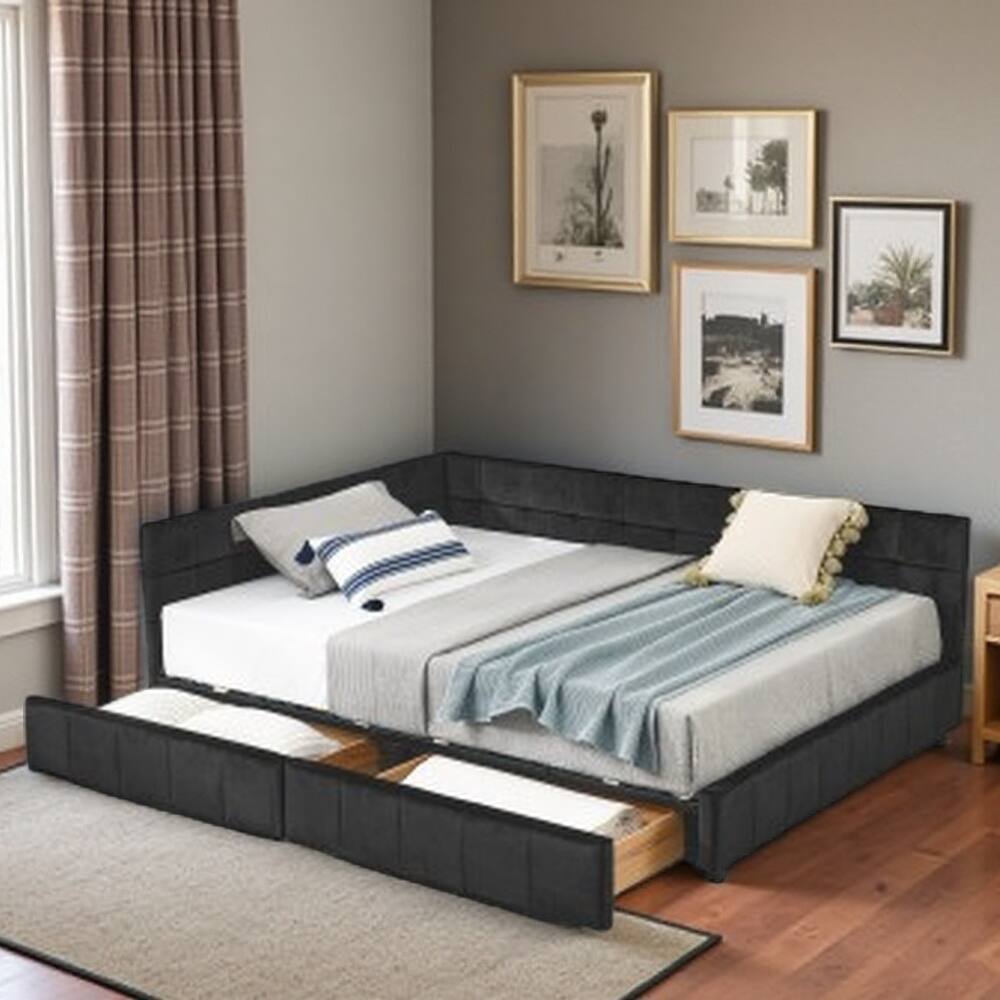 Full Size Mid-Century Velvet Upholstered Daybed with Storage Drawers, Wood Frame, Comfortable Backrest and Armrest