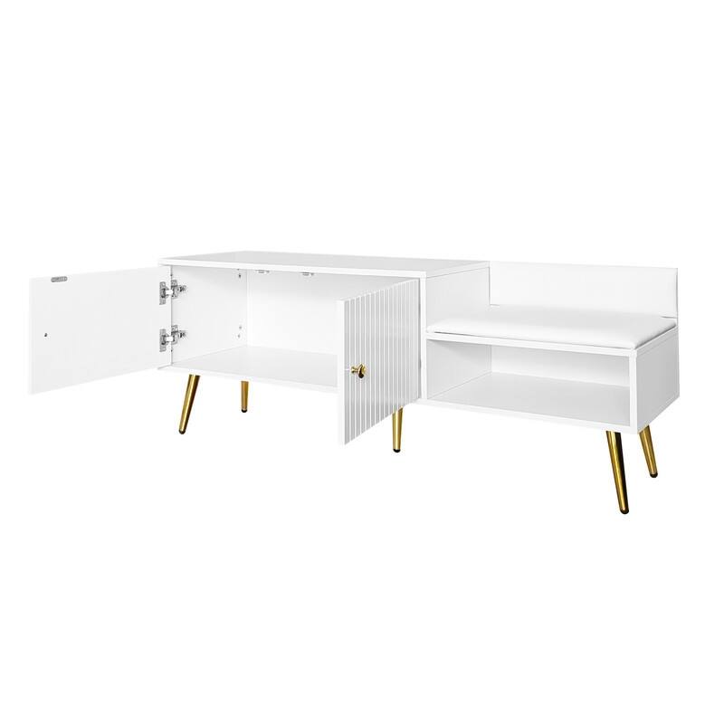 Modern Shoe Storage Bench with Storage Cabinet and Upholstered Cushions, Entryway Bench with Open Compartment for Living Room