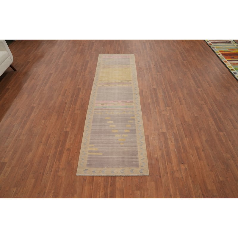 Hand Woven Oriental 100% Wool Carpet Southwestern Tribal Purples Kilim Runner Rug - 9' 7'' X 2' 8''